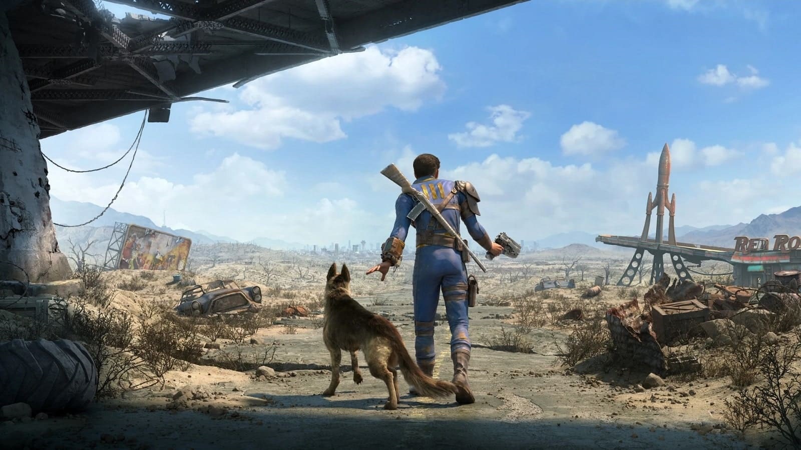 a man in a blue suit with a dog walking in a desert