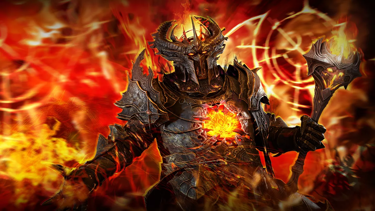 a person in a armor with horns and flames